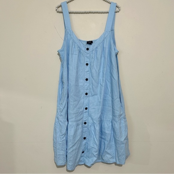 J. Crew Linen Blend Blue Faux Button Front Tiered Sleeveless Swing Dress SZ 16 - Picture 2 of 7